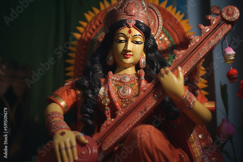 Religion concept. Hindu goddess Maa Saraswati statue. Generative AI
