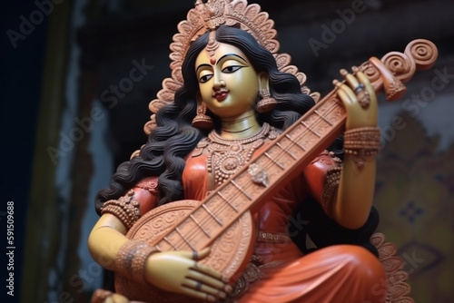 Religion concept. Hindu goddess Maa Saraswati statue. Generative AI photo