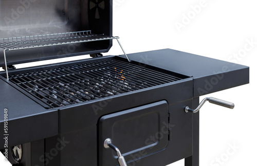 Grill, BBQ, fire, charcoal barbecue. Roaster grate for cooking.  Clean grate, barbecue roaster empty. Isolated