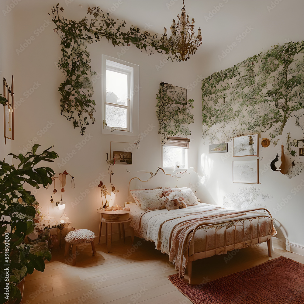 a bedroom with a bed, plants and a window. Generative AI.