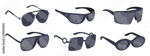 Fashionable sunglasses. Trendy shades, modern eyewear accessories, black frames sunnies flat vector illustration set on white background
