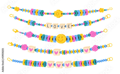 Handmade plastic bead bracelets. Friendship bracelets, kids handcraft cute accessories with with colored beads flat vector illustration set