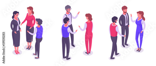 Isometric business people groups. Office colleagues conversation. Teamwork office male and female characters 3d vector illustrations set