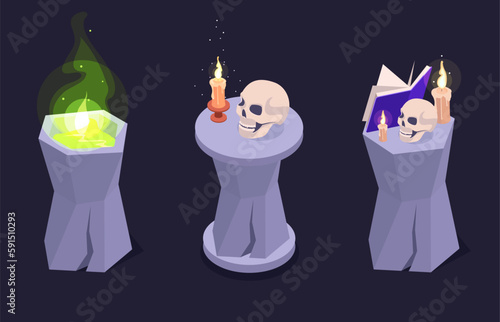Isometric witchcraft elements. Magic podiums with skull, spellbook and magical green flame 3d vector symbols illustration set. Halloween magic collection