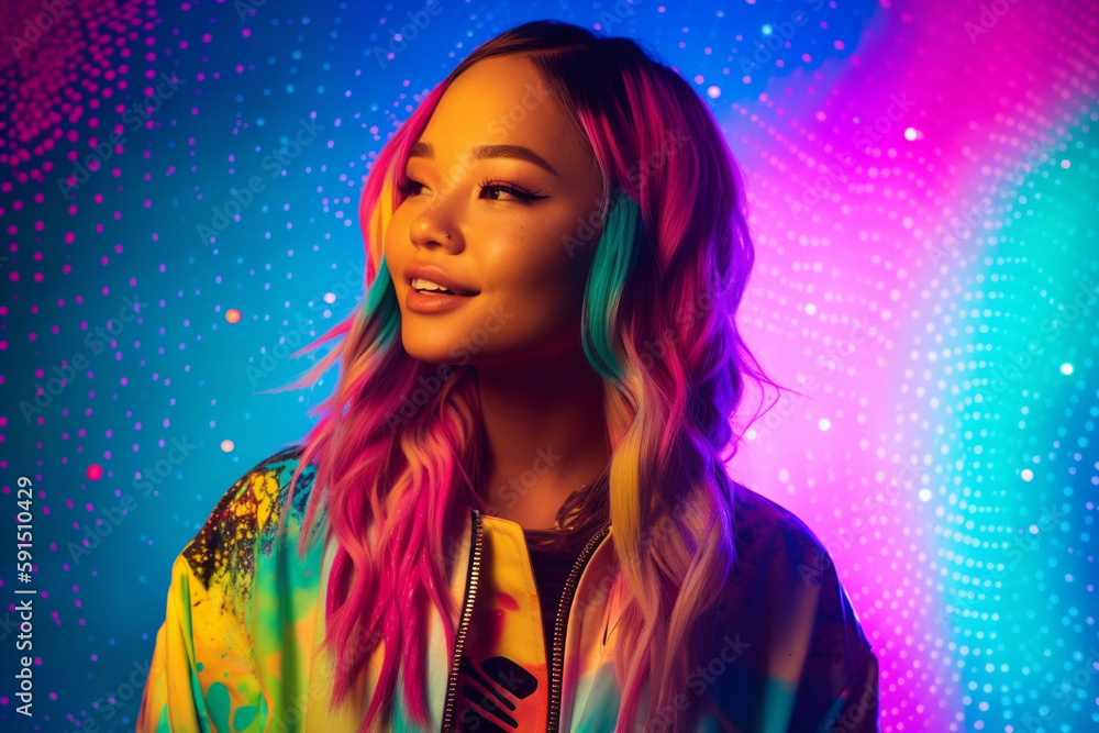 Generative AI illustration of young happy Asian woman in colorful outfit and with multicolored hair looking away against bright colored background Generative AI illustration of young happy Asian woman in colorful outfit and with multicolored hair looking away against bright colored background
