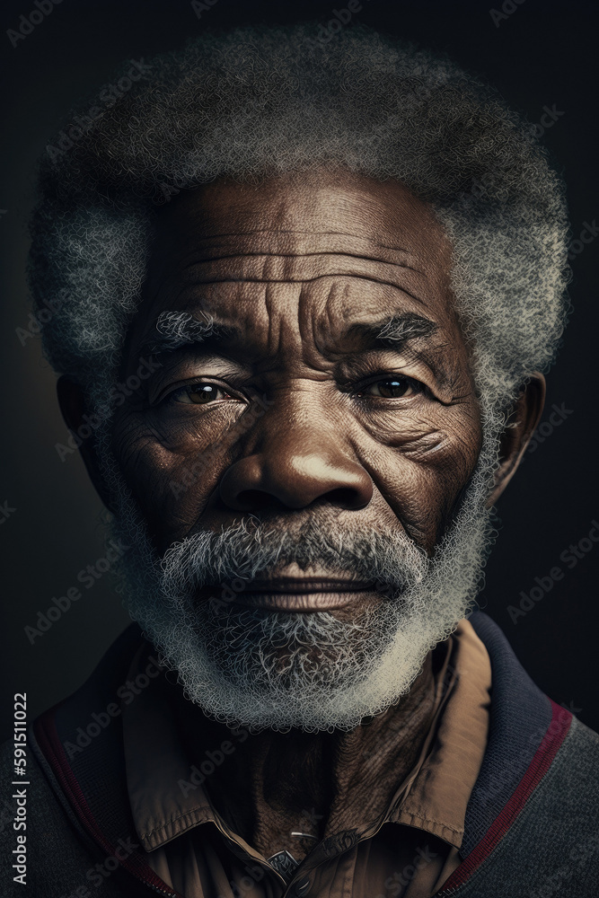 Generative AI illustration of serious gray haired bearded African American senior male with black eyes wearing t shirt looking at camera against black background Generative AI illustration of serious gray haired bearded African American senior male with black eyes wearing t shirt looking at camera against black background