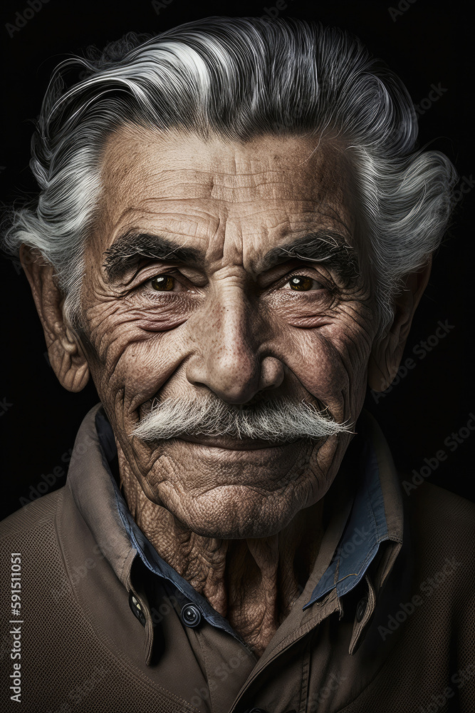 Generative AI illustration of content senior male with gray hair and mustache wearing brown t shirt looking at camera against black background Generative AI illustration of content senior male with gray hair and mustache wearing brown t shirt looking at camera against black background