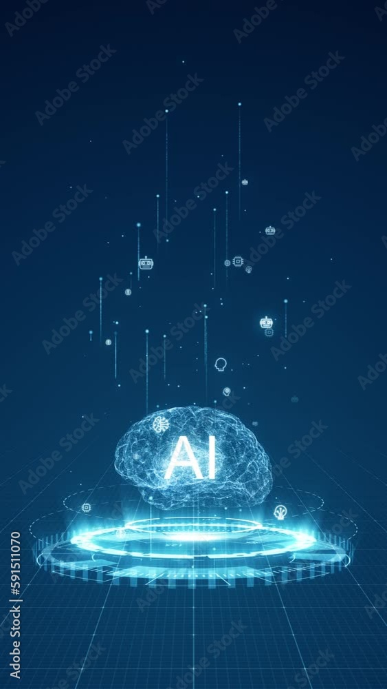 Motion graphic of Blue digital brain logo and futuristic HUD with Ai ...