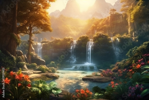 Fantasy landscape with waterfalls  flowers and tropical plants on foreground  at sunset. Generative AI