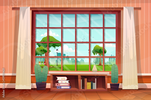 Beautiful scene from living room in house, looked through glass window and saw nature park outside