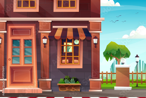 scene front exterior of house with sunshade facade, Vector illustration.