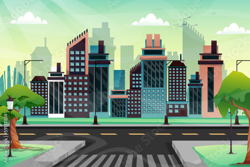 Scene of beautiful cityscape with hight building, shop and street with park, vector illustration