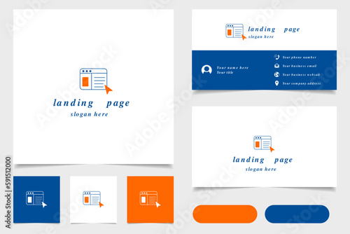 Landing page logo design with editable slogan. Branding book and business card template.