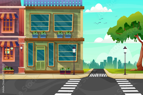 Scene of beautiful cityscape with hight building, shop and street with park, vector illustration