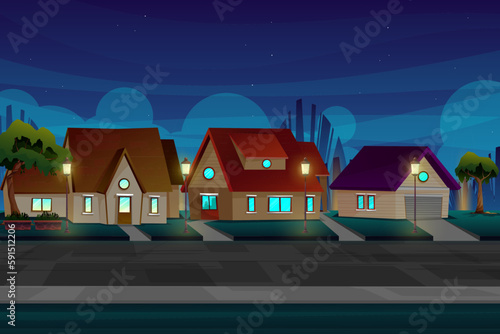 Beautiful Nigth scene with house in village near road with lighting from electric and streetlamp