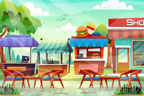 Scene of wooden chair and table in nature park, vector illustration