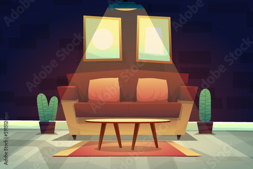 Night scene of sofa with cushions and coffee table on carpet under lighting from ceiling at home, cartoon style,