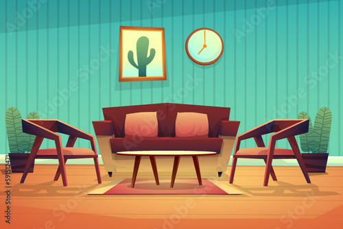 Scene interior decorated living room with red couch with cushions  armchair and coffee table on carpet  clock and picture frame on wooden wall in living room