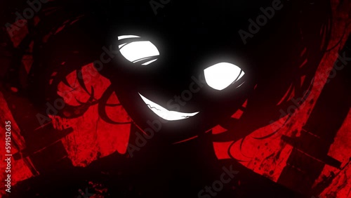 A sinister girl in the anime style smiles maliciously with fanged white teeth, her huge eyes glow in the dark, she has two katanas behind her back, on a blood background. approaching 2d animated art