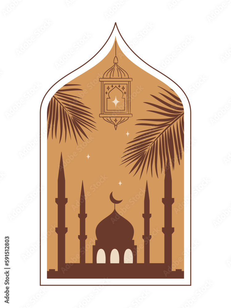 Oriental style Islamic window, arch with lantern, mosque, palms and stars. For islamic holiday. Ramadan traditions. Eid-al-Fitr greeting