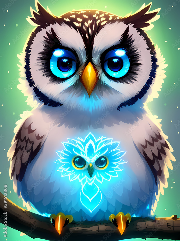 A cute adorable baby owl surrounded by glowing neon aura at night, Generative AI, Generativ KI, Illustration