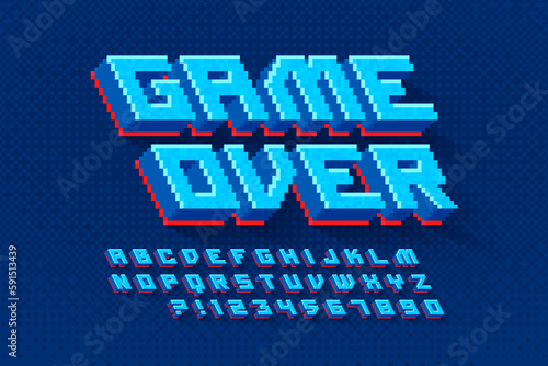 Pixel vector alphabet design, stylized like in 8-bit games.