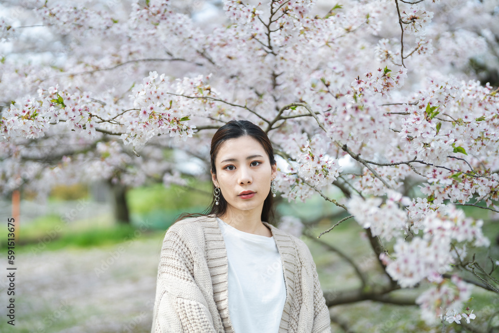 桜の花と女性 桜の花と女性