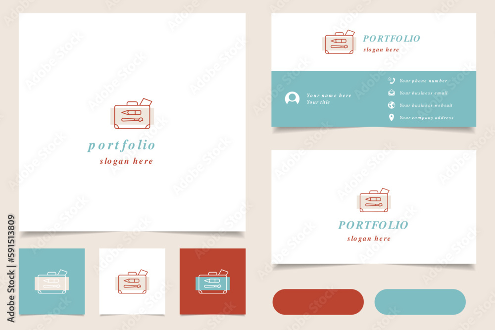 Portfolio logo design with editable slogan. Branding book and business card template.