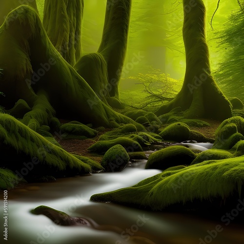 Forest and stream illuminated by sunlight - generative ai