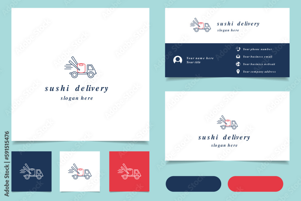 Sushi delivery logo design with editable slogan. Branding book and business card template.