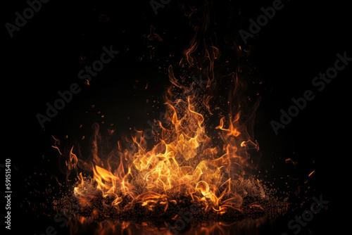 A close-up of a smoking grill with bright flames on black background, creating an intense backdrop for your designs. AI Generative