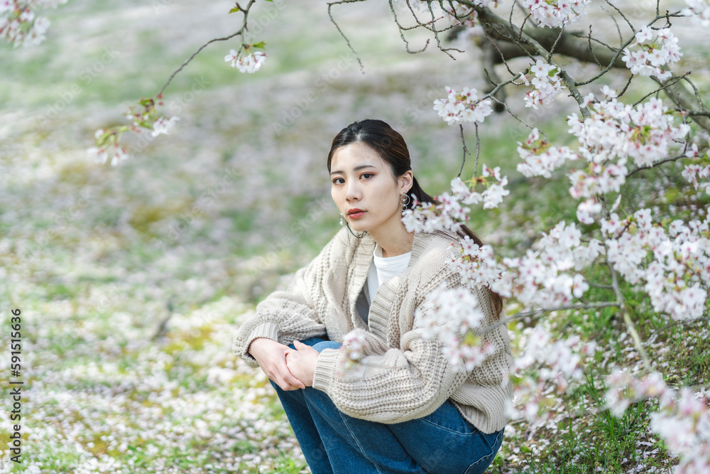 桜の花と女性 桜の花と女性