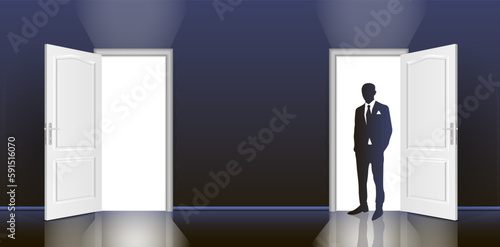 The interior of an empty dark room with an open door and the silhouette of a man in a suit.
Free up space for copying the 3d image.