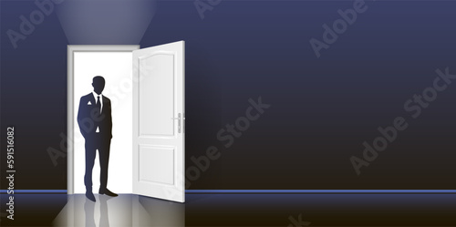 The interior of an empty dark room with an open door and the silhouette of a man in a suit.
Free up space for copying the 3d image.