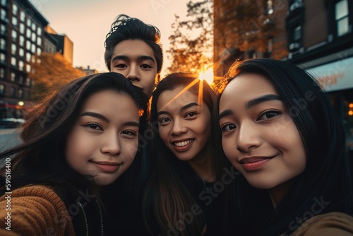 Group of happy cute Asian young friend in the city, generative AI © Nattawat