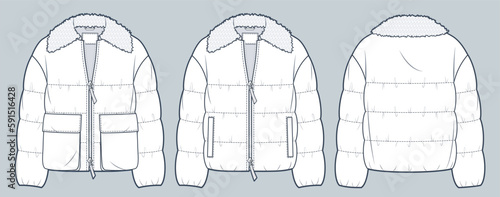 Down Jacket with fur collar technical fashion Illustration. Puffer Jacket, Outerwear technical drawing template, zip-up, pocket, front and back view, white, women, men, unisex CAD mockup set. photo
