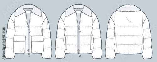 Down Jacket with fur collar technical fashion Illustration. Puffer Jacket, Outerwear technical drawing template, zip-up, pocket, front and back view, white, women, men, unisex CAD mockup set.