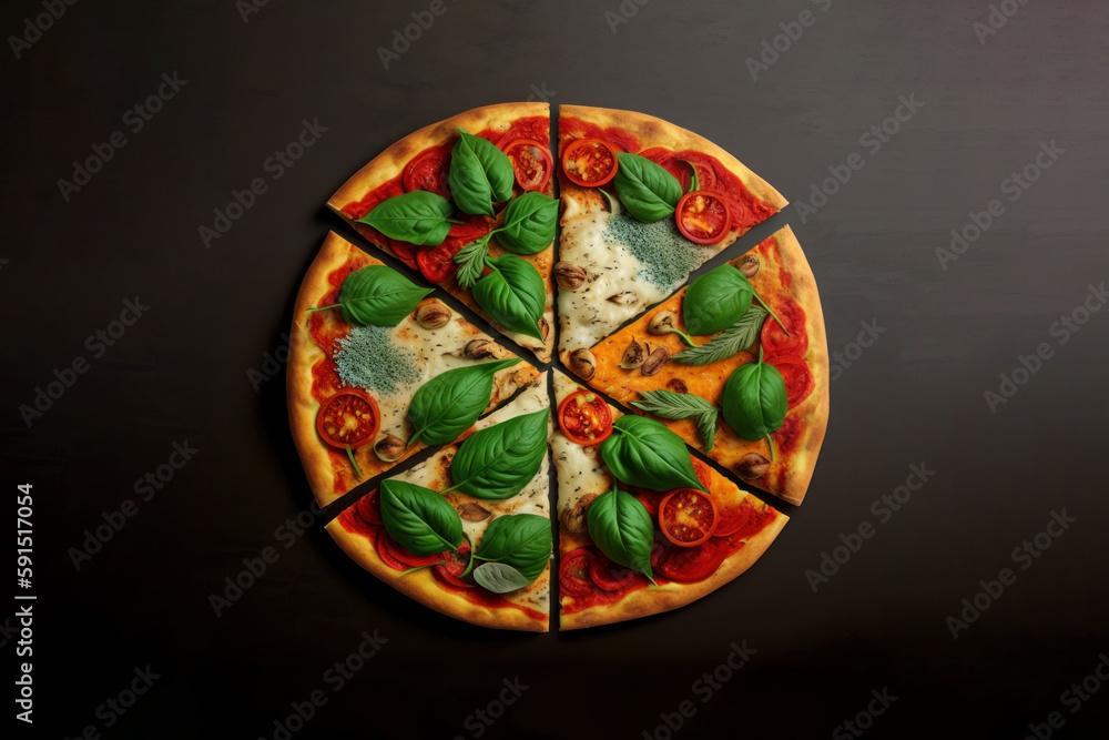 Pizza isolated, top view. Generative AI