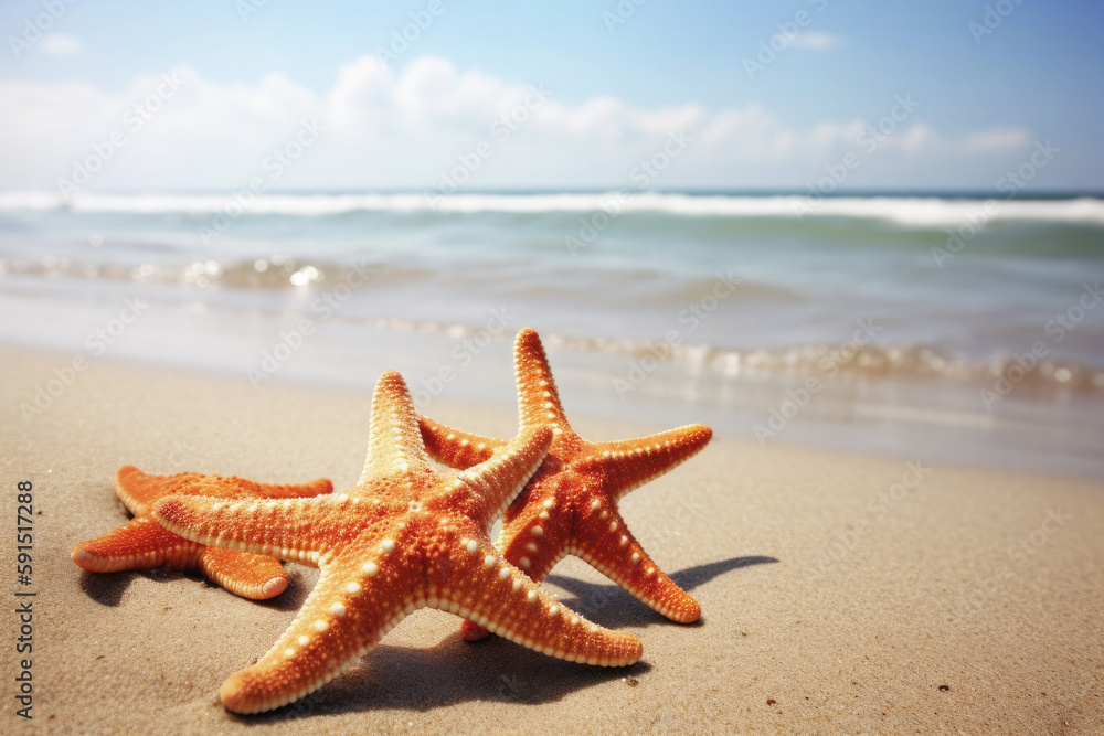starfish on the sand with a paradise beach in the background. Copy space. summer concept. Ai generative starfish on the sand with a paradise beach in the background. Copy space. summer concept. Ai generative