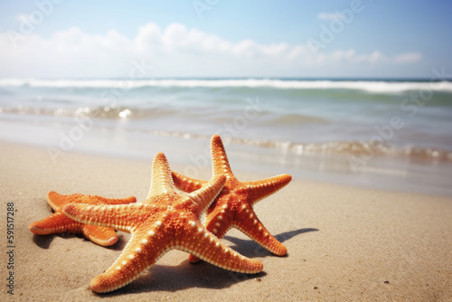 starfish on the sand with a paradise beach in the background. Copy space. summer concept. Ai generative