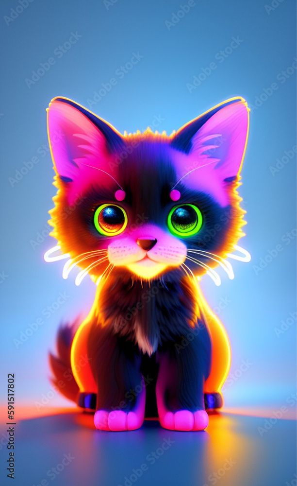 Neon glowing kitten. Generative AI. Neon glowing kitten. Generative AI.