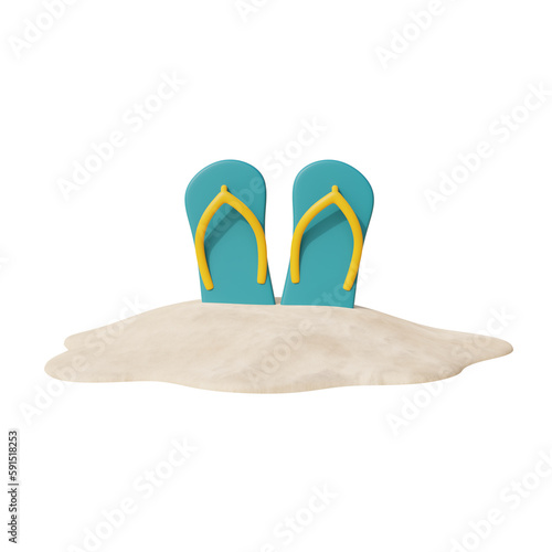 3d Flip flops, Summer tropical sand beach on a sunny day. Summer vacation. 3d rendering.