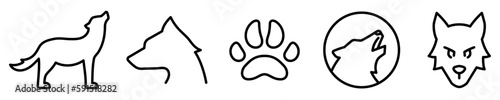 Conjunto de iconos de lobo. Animal vertebrado de vida salvaje, depredador, carnívoro. Huella y rostro de lobo. Ilustración vectorial
