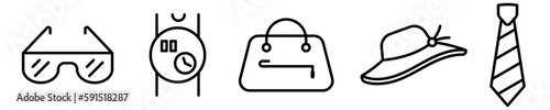 Conjunto de iconos de accesorios de vestir. Concepto de estilo de moda. Gafas, reloj, bolso, sombrero, corbata. Ilustración vectorial