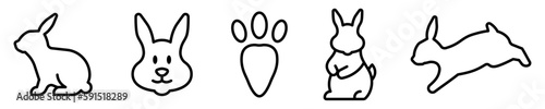 Conjunto de iconos de conejo. Animal vertebrado, primaveral. Huella y rostro de conejo, saltando. Ilustración vectorial