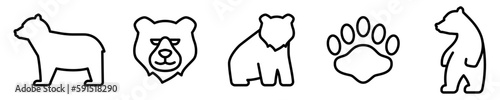 Conjunto de iconos de oso. Animal vertebrado de vida salvaje, depredador. huella y rostro de oso. Ilustración vectorial