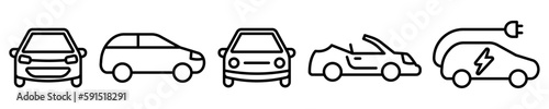 Conjunto de iconos de carros. Automóvil, vehículo de transporte liviano, vehículo eléctrico. Ilustración vectorial