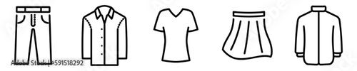 Conjunto de iconos de prendas de vestir. Concepto de moda. Ropa, pantalón, camisa, blusa, falda, chaqueta. Ilustración vectorial