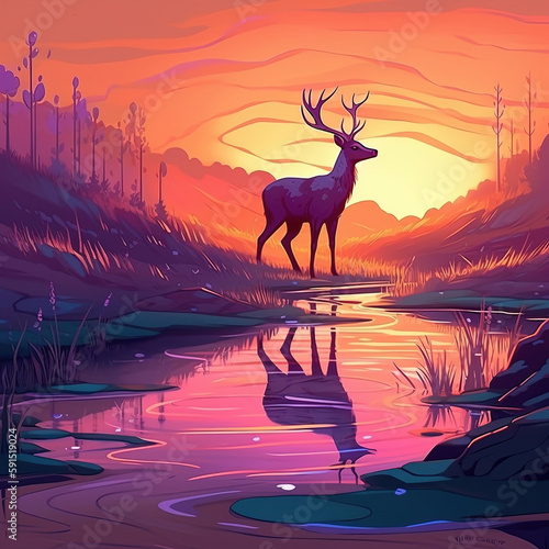 Deer illustration in forest with sunset. Generative AI.