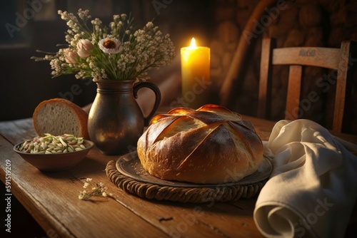 Bread laid out on wooden board. Healthy and fresh sourdough food. In the background, ears of wheat and linen white material. Sliced slices, flour and spices. Food style photo. Generative AI